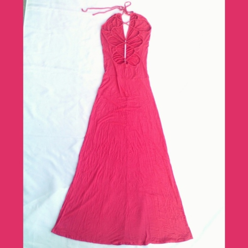~Coral Open Back Crisscross Halter Maxi Tube Dress Symphony Full Length Sexy S
